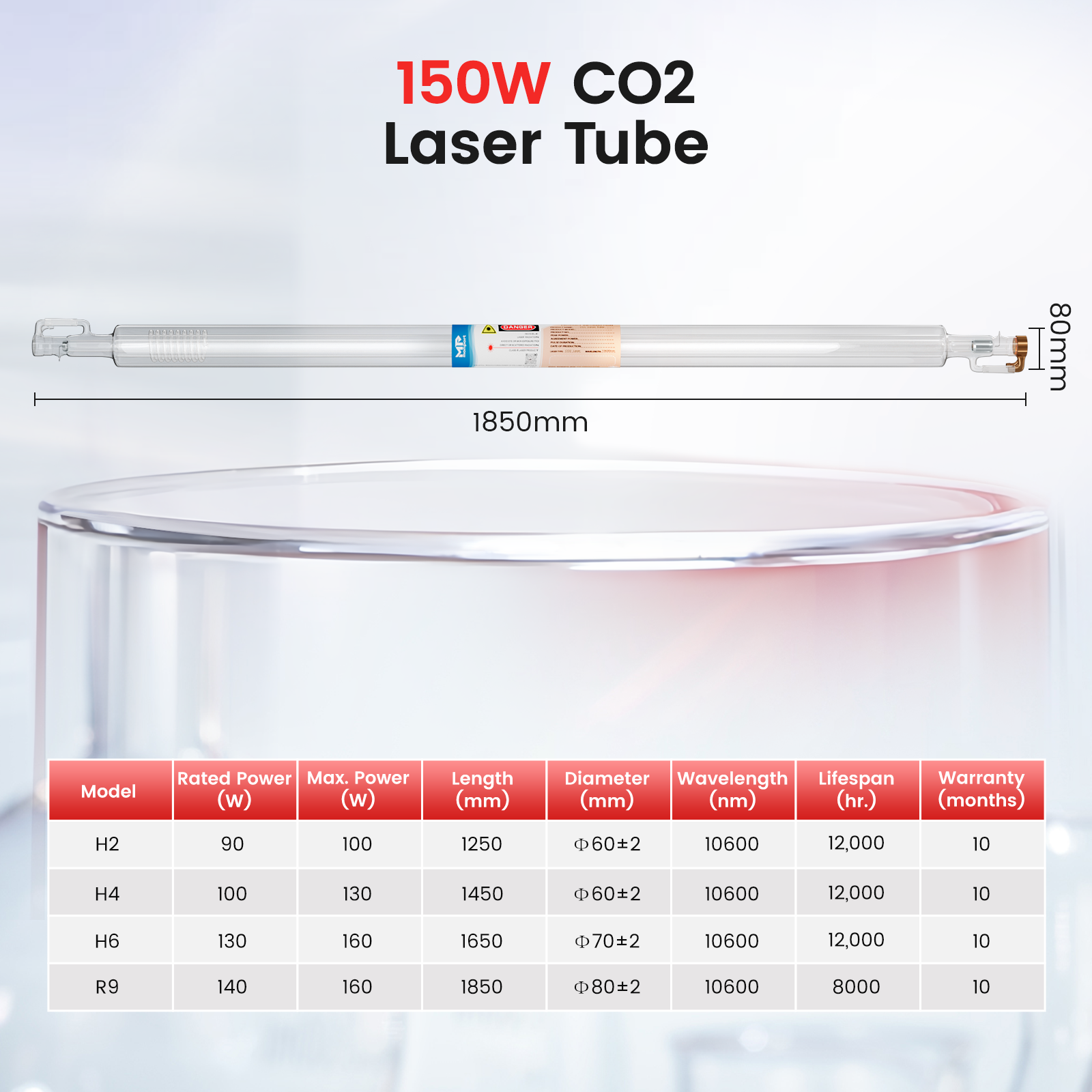 Monport 150W CO2 Laser Tube for Laser Engraver