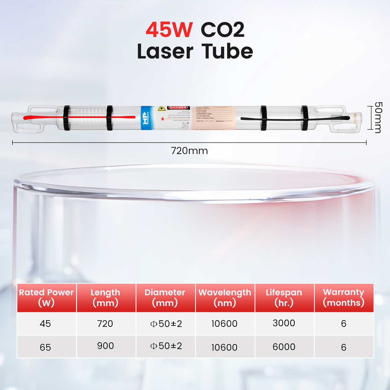 Monport 45W CO2 Laser Tube for Laser Engraver