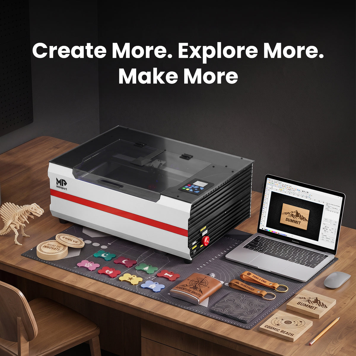 Brand New Monport Reno 45W Desktop CO2 Laser Engraver (16"×12") | Built-In Water Cooling, Magnetic Assisted Focus