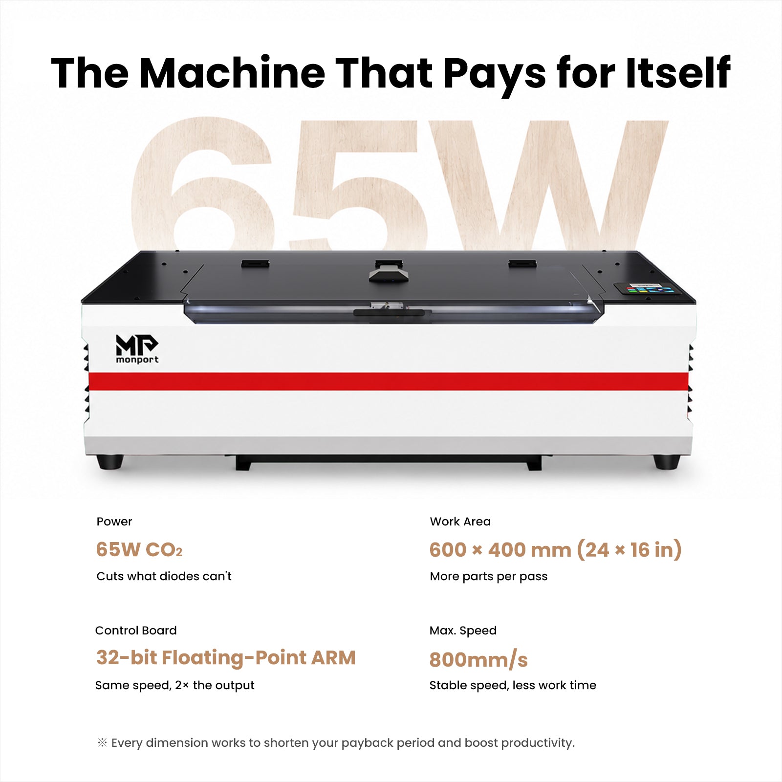 Test-Product-Monport Ren65 Series 65W CO2 Laser Engraver (24"×16") | Built-In Water Cooling, DSP Controller, Magnetic Assisted Focus