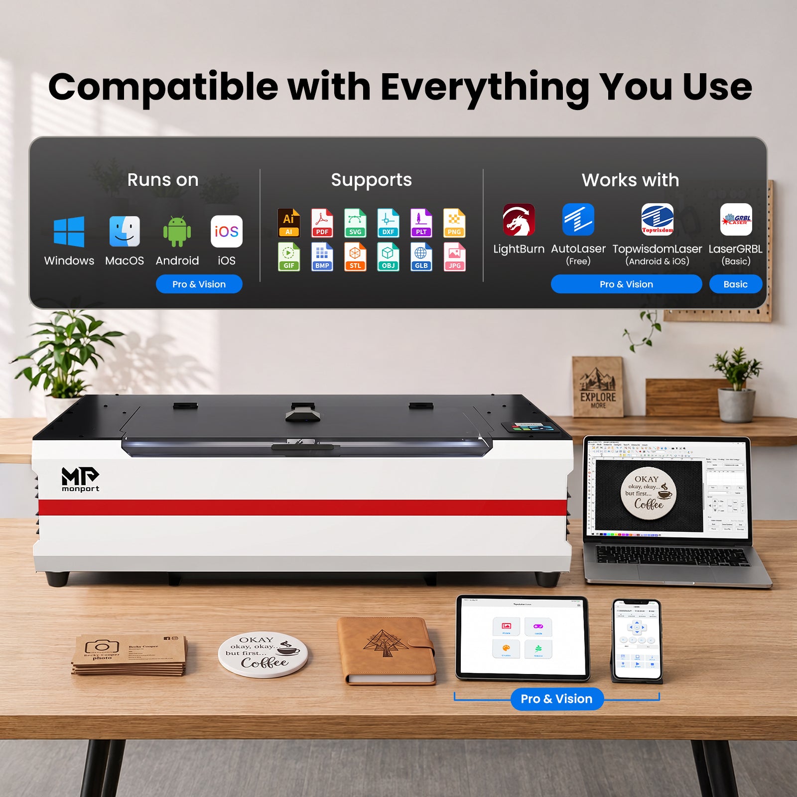 Monport Reno 65W Desktop CO2 Laser Engraver (24"×16") | Built-In Water Cooling, DSP Controller, Magnetic Assisted Focus