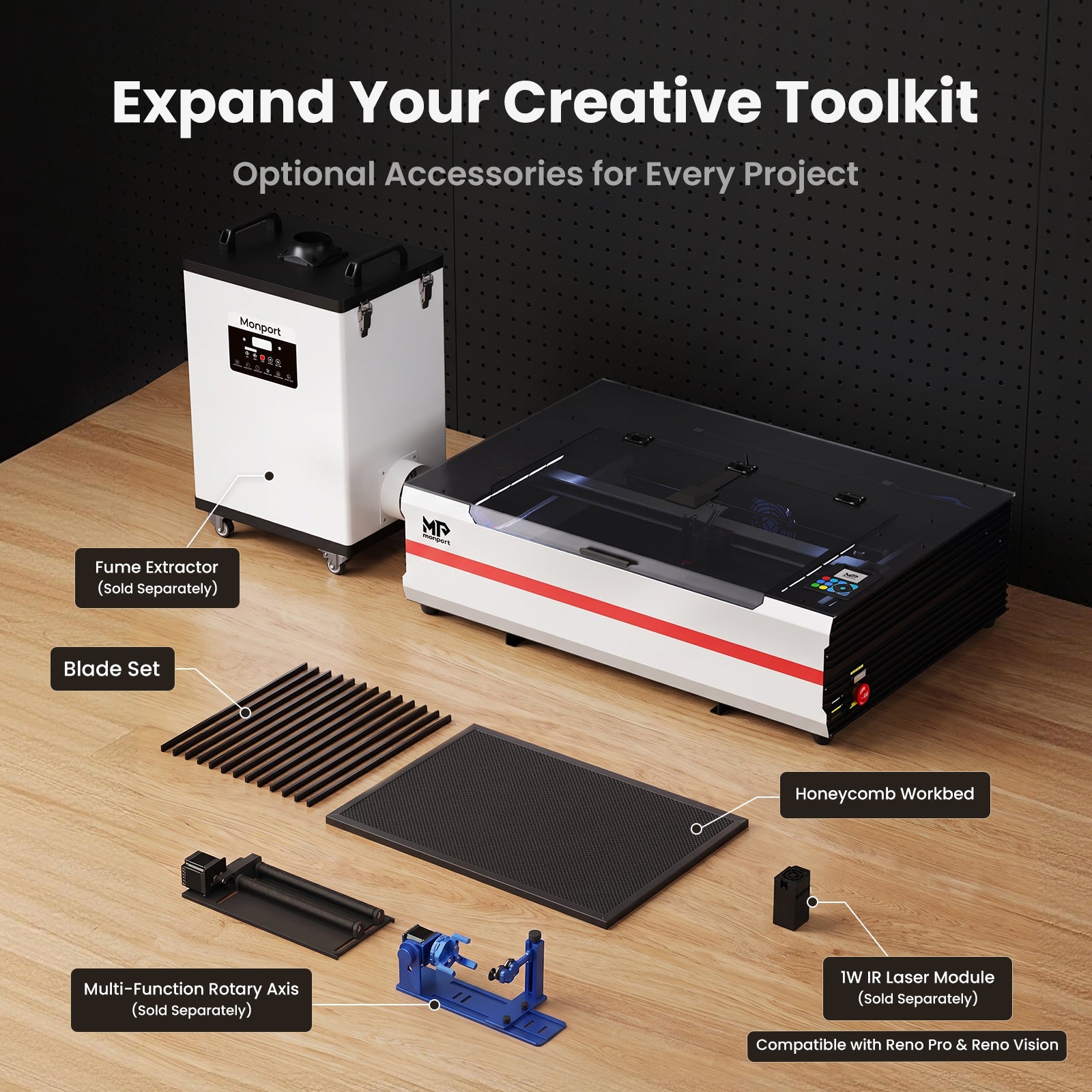 Monport Reno 65W Desktop CO2 Laser Engraver (24"×16") | Built-In Water Cooling, DSP Controller, Magnetic Assisted Focus