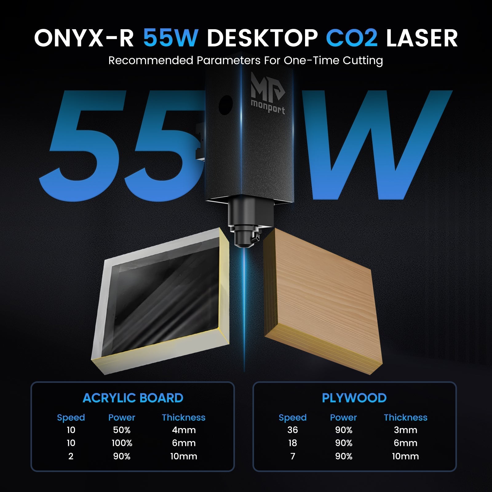 Bundle Sale | MONPORT ONYX 55W Desktop CO2 with Autofocus+Rotary Axis & LightBurn