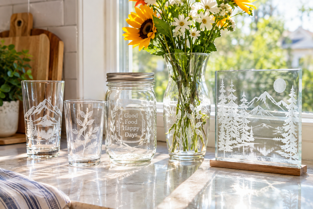 Engraved drinking glasses, jar, vase and glass panel on a bright kitchen counter with daylight sparkling through