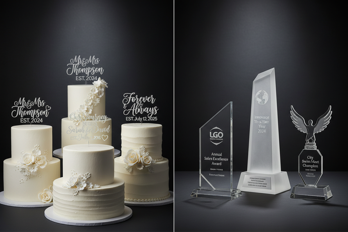 Laser Engraved Acrylic Cake Toppers and Event Awards Collage