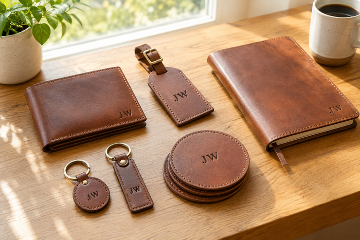Leather wallet, keychains, luggage tag, notebook cover and coasters on a bright wooden table by a sunny window
