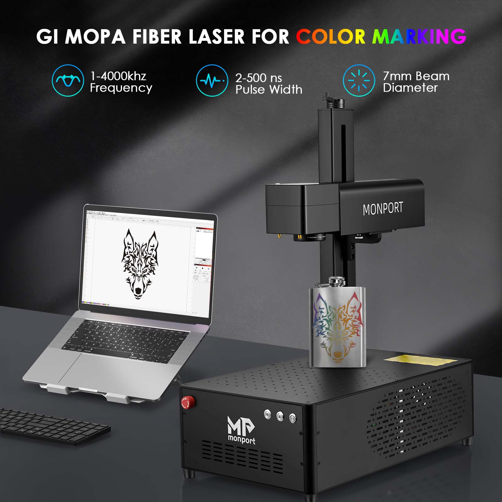 Monport GI20 Integrated MOPA Fiber Laser Engraver with Electric Lifting and Galvo LightBurn