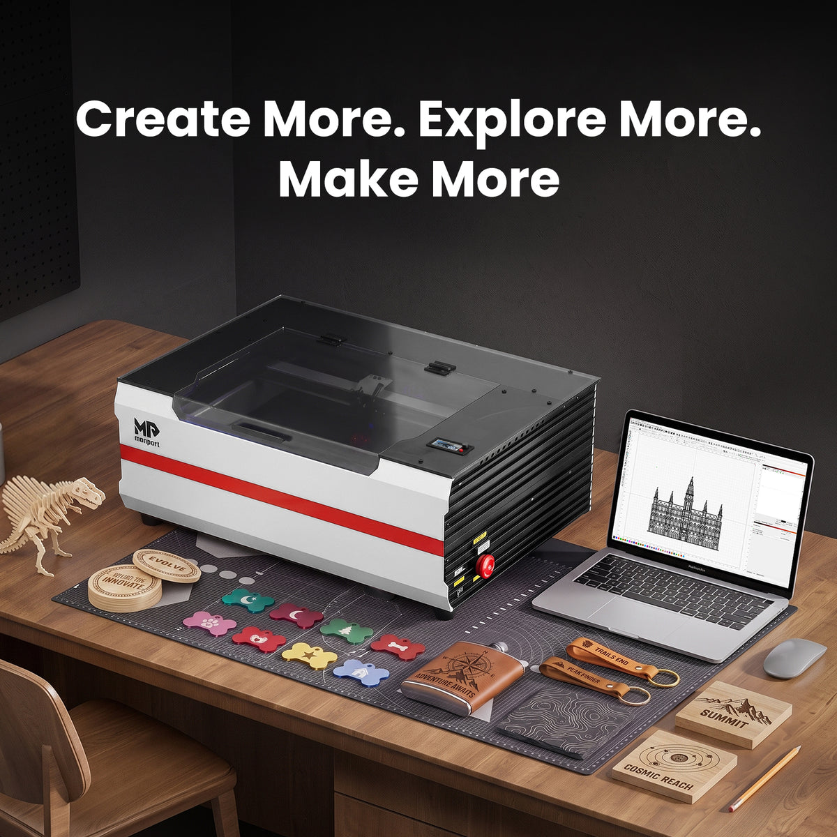Brand New Monport Reno45 45W Desktop CO2 Laser Engraver & Cutter (16" X 12") with 3L Built-In Water Cooling and Magnetic Assisted Focus