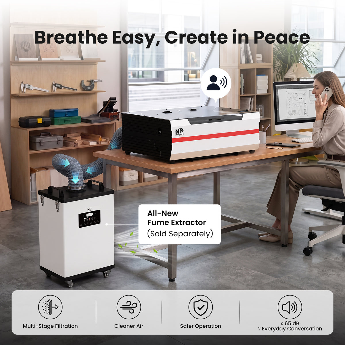 Brand New Monport Reno45 45W Desktop CO2 Laser Engraver & Cutter (16" X 12") with 3L Built-In Water Cooling and Magnetic Assisted Focus