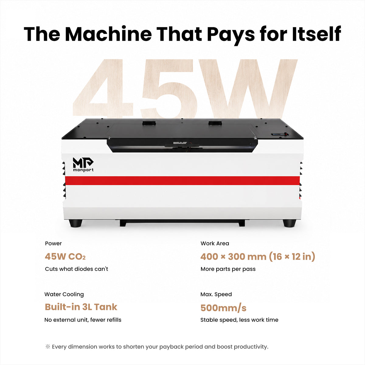 Brand New Monport Reno45 45W Desktop CO2 Laser Engraver & Cutter (16" X 12") with 3L Built-In Water Cooling and Magnetic Assisted Focus