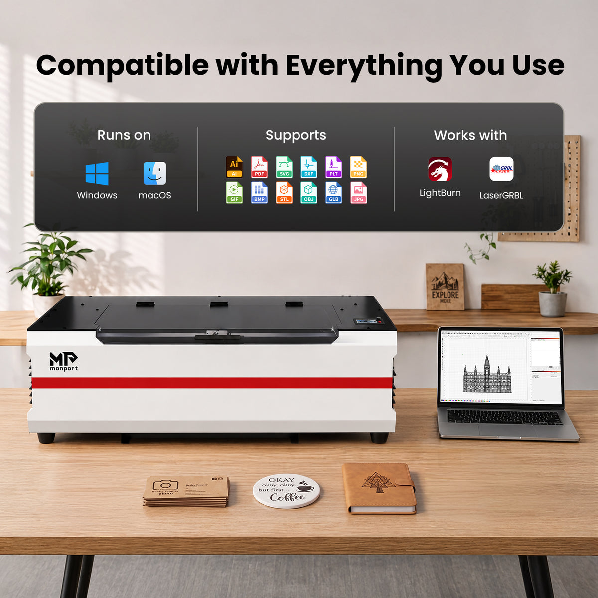 Brand New Monport Reno45 45W Desktop CO2 Laser Engraver & Cutter (16" X 12") with 3L Built-In Water Cooling and Magnetic Assisted Focus