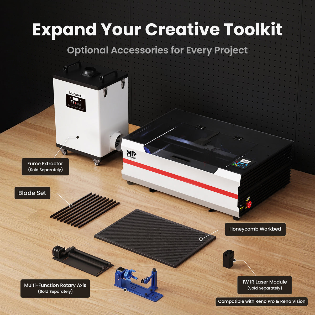 Brand New Monport Reno 45W Desktop CO2 Laser Engraver (16"×12") | Built-In Water Cooling, Magnetic Assisted Focus
