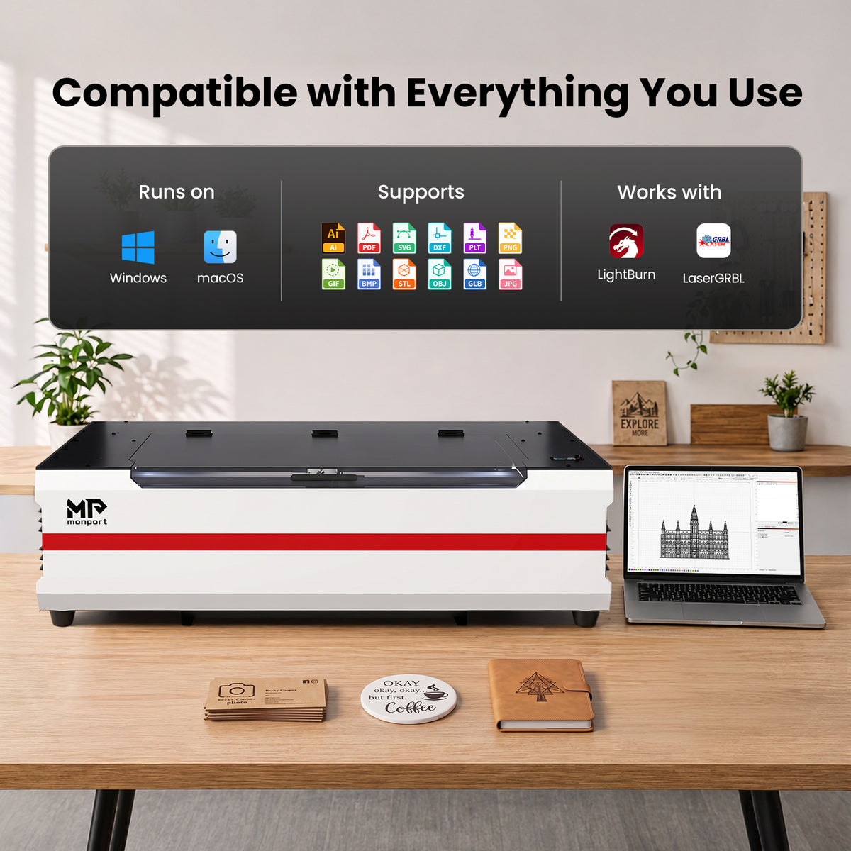Brand New Monport Reno65 65W Desktop CO2 Laser Engraver & Cutter (24" X 16") with 3L Built-In Water Cooling and Magnetic Assisted Focus