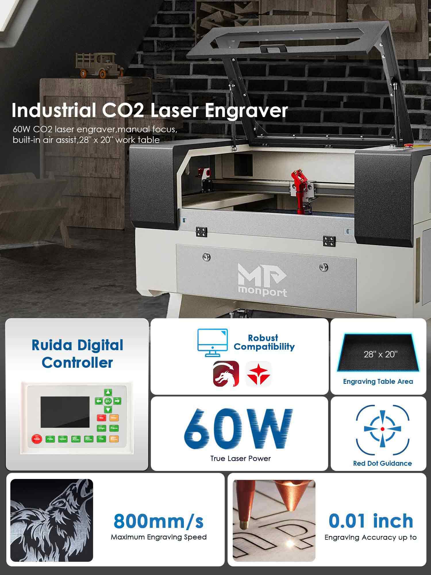 Industrial Laser Cutter  Monport 80W CO2 Laser Engraver