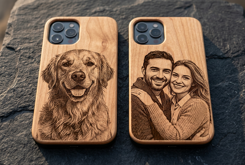 Wood phone cases with photographic portrait engravings